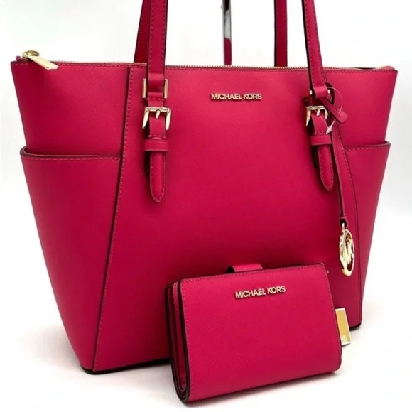 Michael Kors Large Charlotte Tote Bag & MD Bifold Zip Chain Wallet Electric Pink - Picture 1 of 14